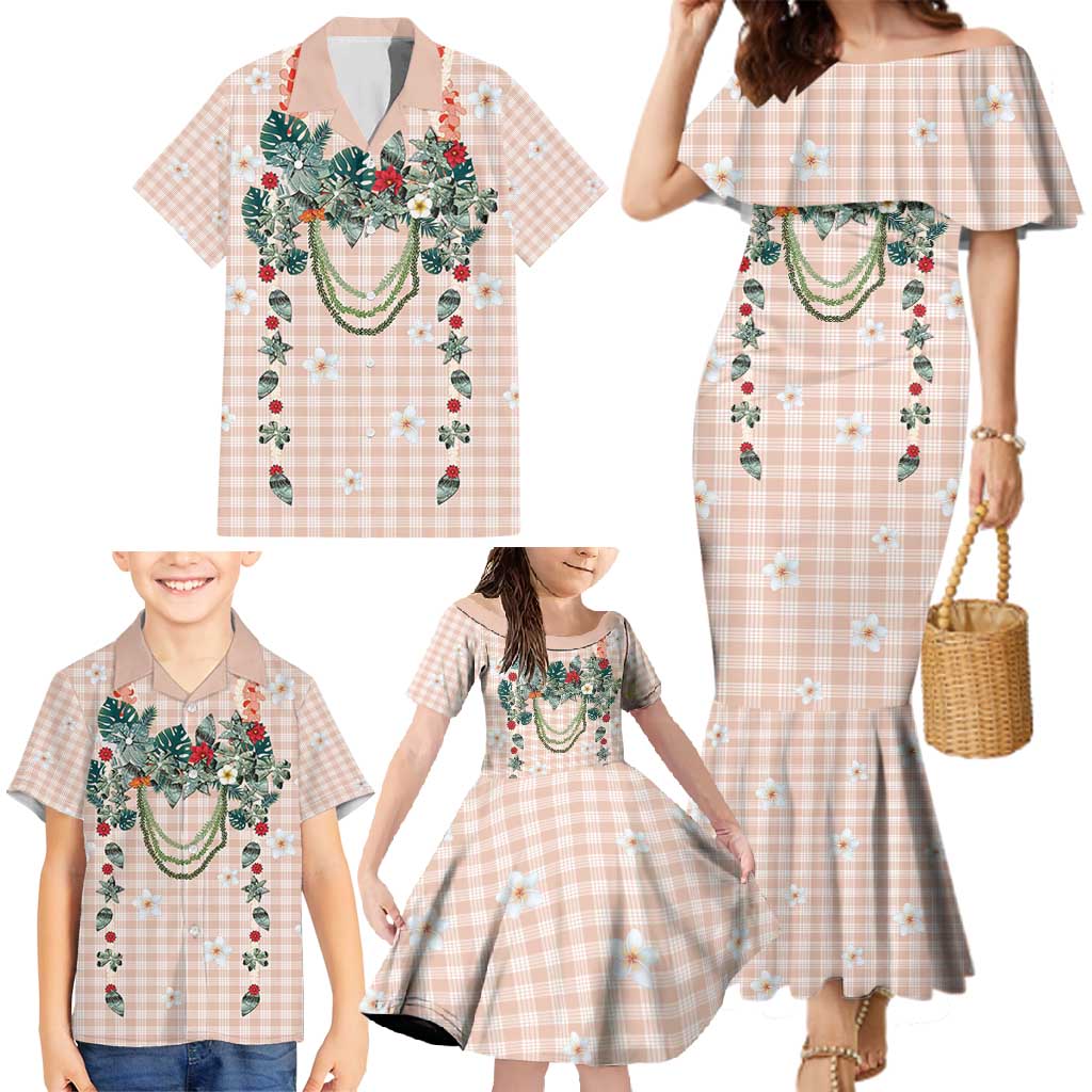 Peach Hawaiian Palaka Family Matching Mermaid Dress and Hawaiian Shirt Kukui Nut Money Lei LT9 - Polynesian Pride