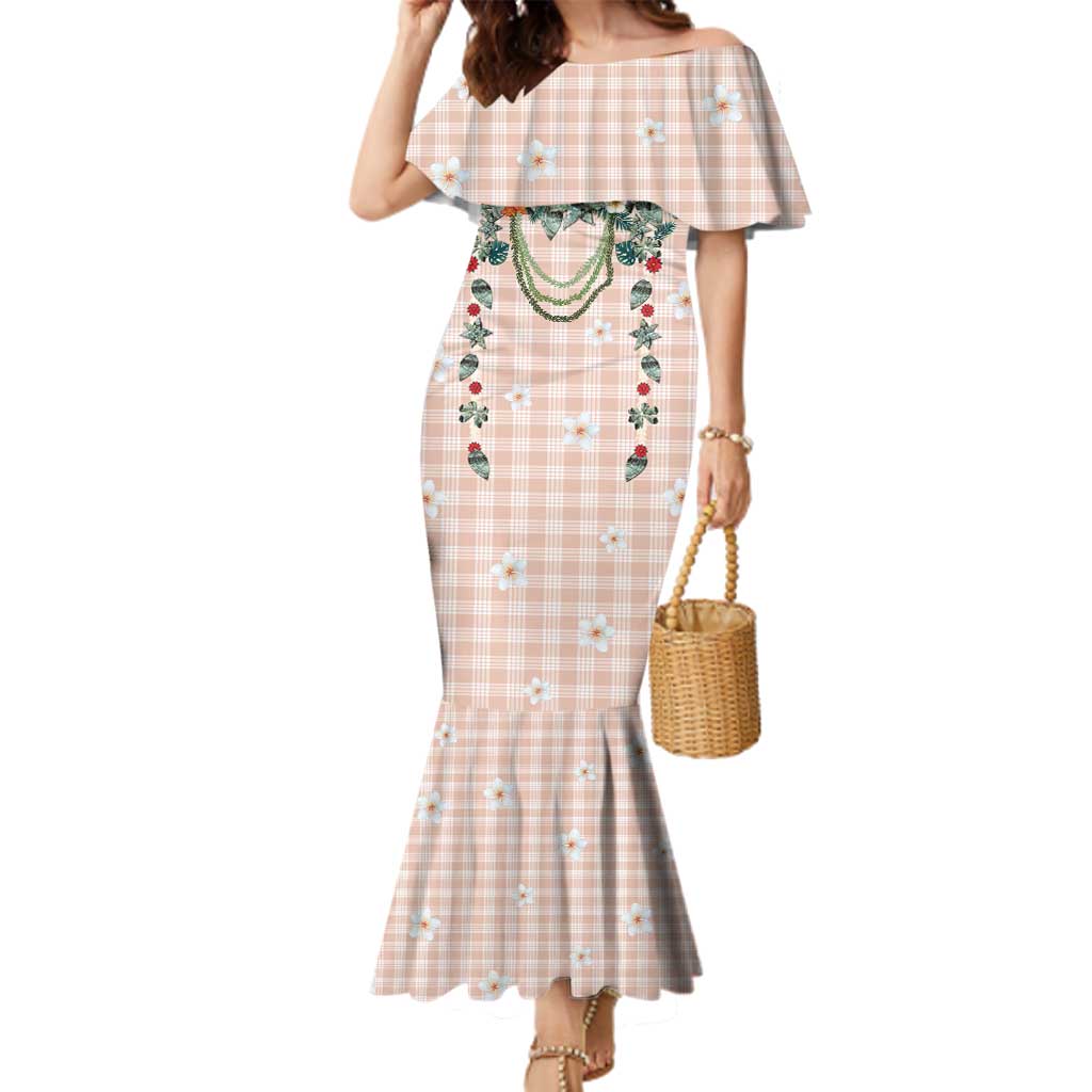 Peach Hawaiian Palaka Family Matching Mermaid Dress and Hawaiian Shirt Kukui Nut Money Lei LT9 Mom's Dress Peach - Polynesian Pride