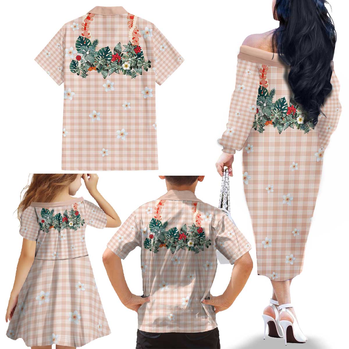 Peach Hawaiian Palaka Family Matching Off The Shoulder Long Sleeve Dress and Hawaiian Shirt Kukui Nut Money Lei LT9 - Polynesian Pride