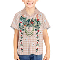 Peach Hawaiian Palaka Family Matching Off The Shoulder Long Sleeve Dress and Hawaiian Shirt Kukui Nut Money Lei LT9 Son's Shirt Peach - Polynesian Pride