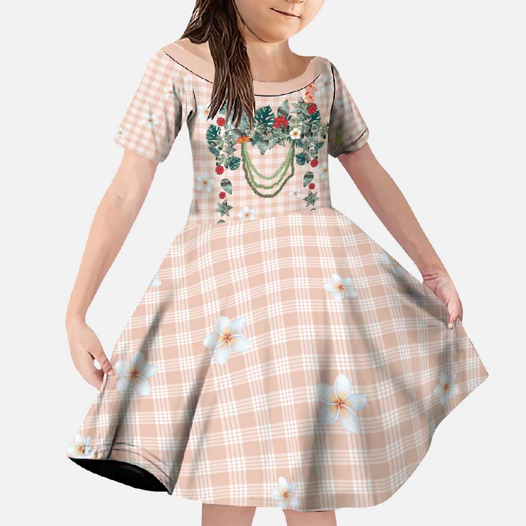 Peach Hawaiian Palaka Family Matching Off Shoulder Maxi Dress and Hawaiian Shirt Kukui Nut Money Lei LT9 Daughter's Dress Peach - Polynesian Pride