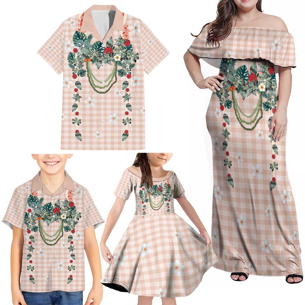 Peach Hawaiian Palaka Family Matching Off Shoulder Maxi Dress and Hawaiian Shirt Kukui Nut Money Lei LT9 - Polynesian Pride
