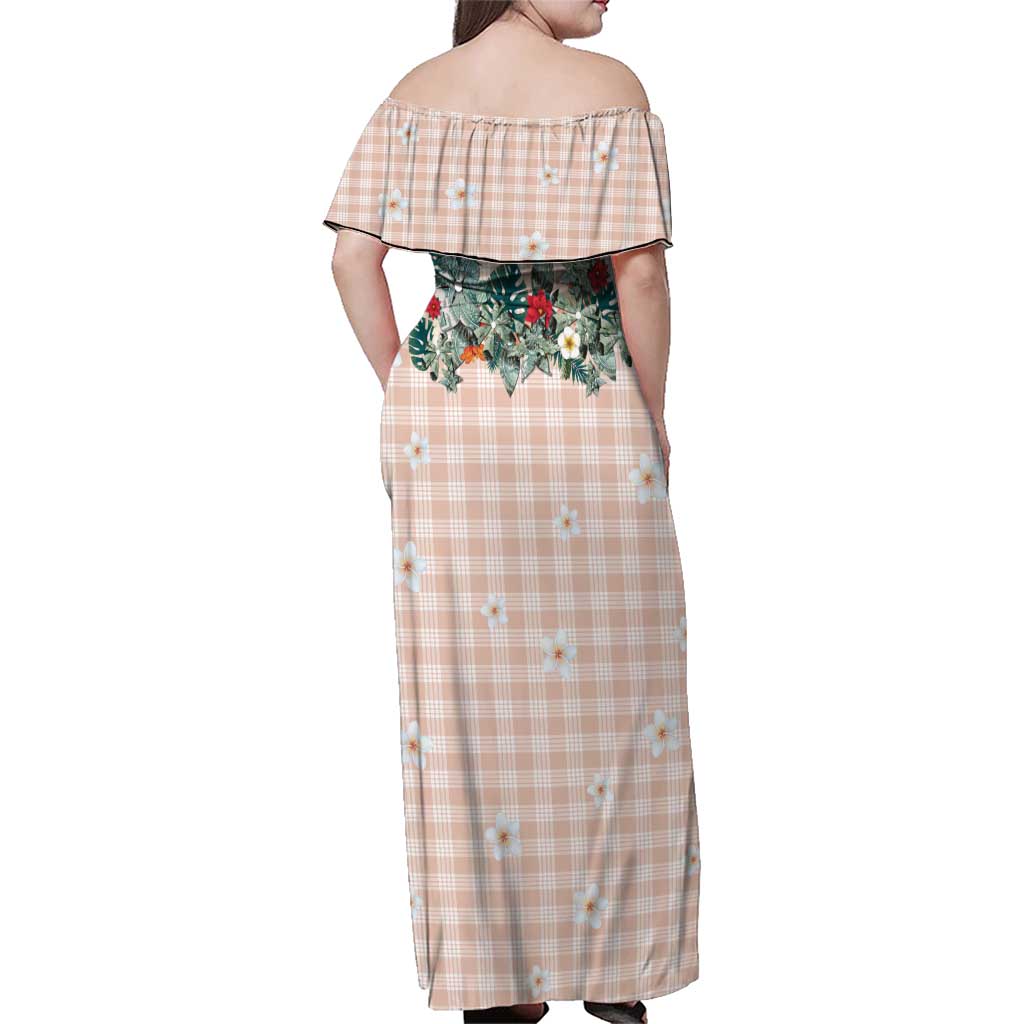 Peach Hawaiian Palaka Family Matching Off Shoulder Maxi Dress and Hawaiian Shirt Kukui Nut Money Lei LT9 - Polynesian Pride