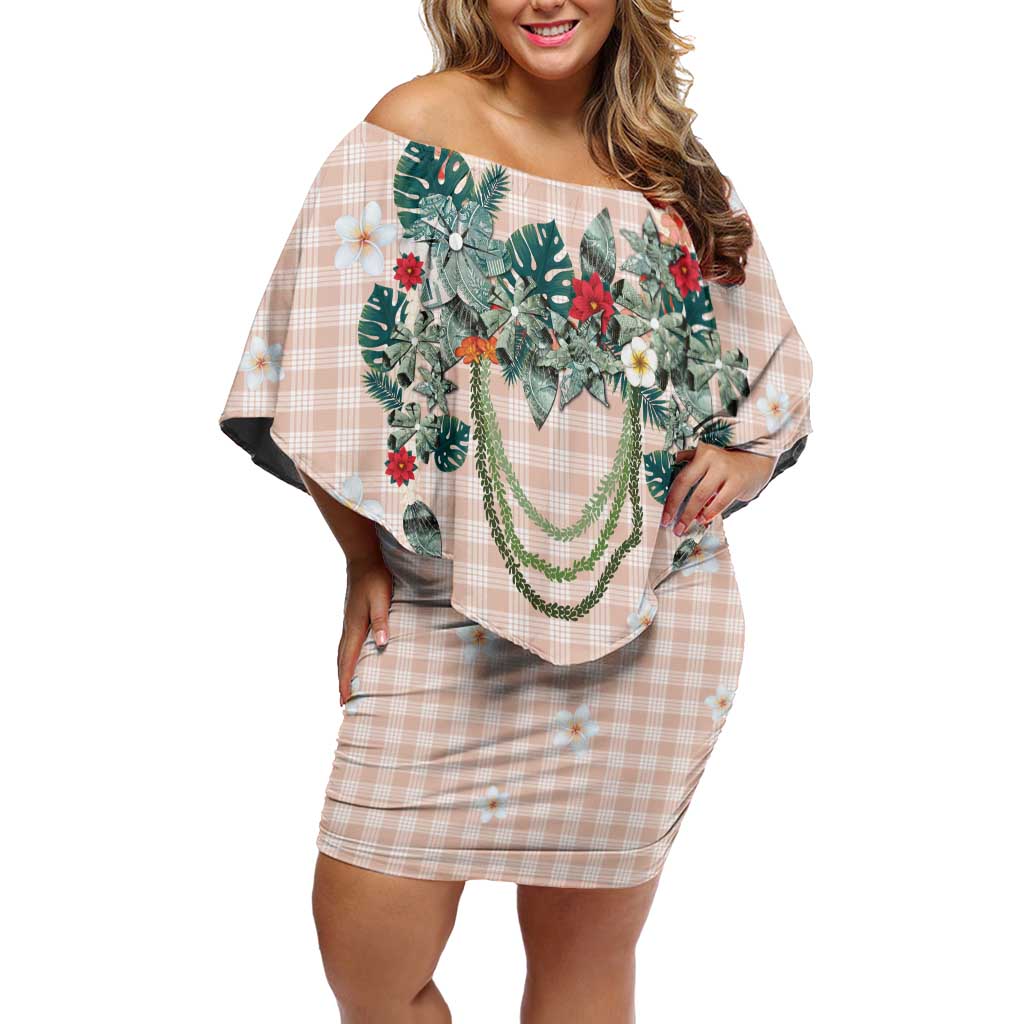 Peach Hawaiian Palaka Family Matching Off Shoulder Short Dress and Hawaiian Shirt Kukui Nut Money Lei LT9 Mom's Dress Peach - Polynesian Pride