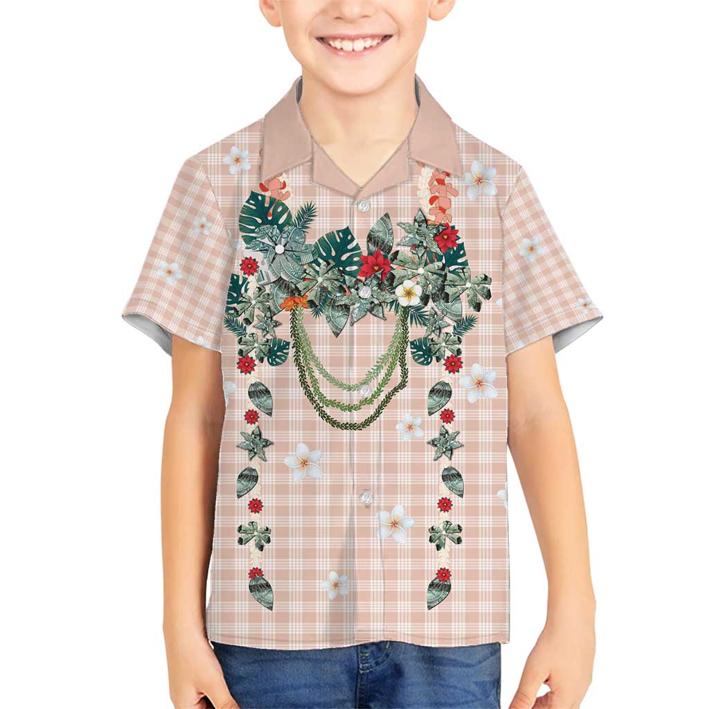 Peach Hawaiian Palaka Family Matching Off Shoulder Short Dress and Hawaiian Shirt Kukui Nut Money Lei LT9 Son's Shirt Peach - Polynesian Pride