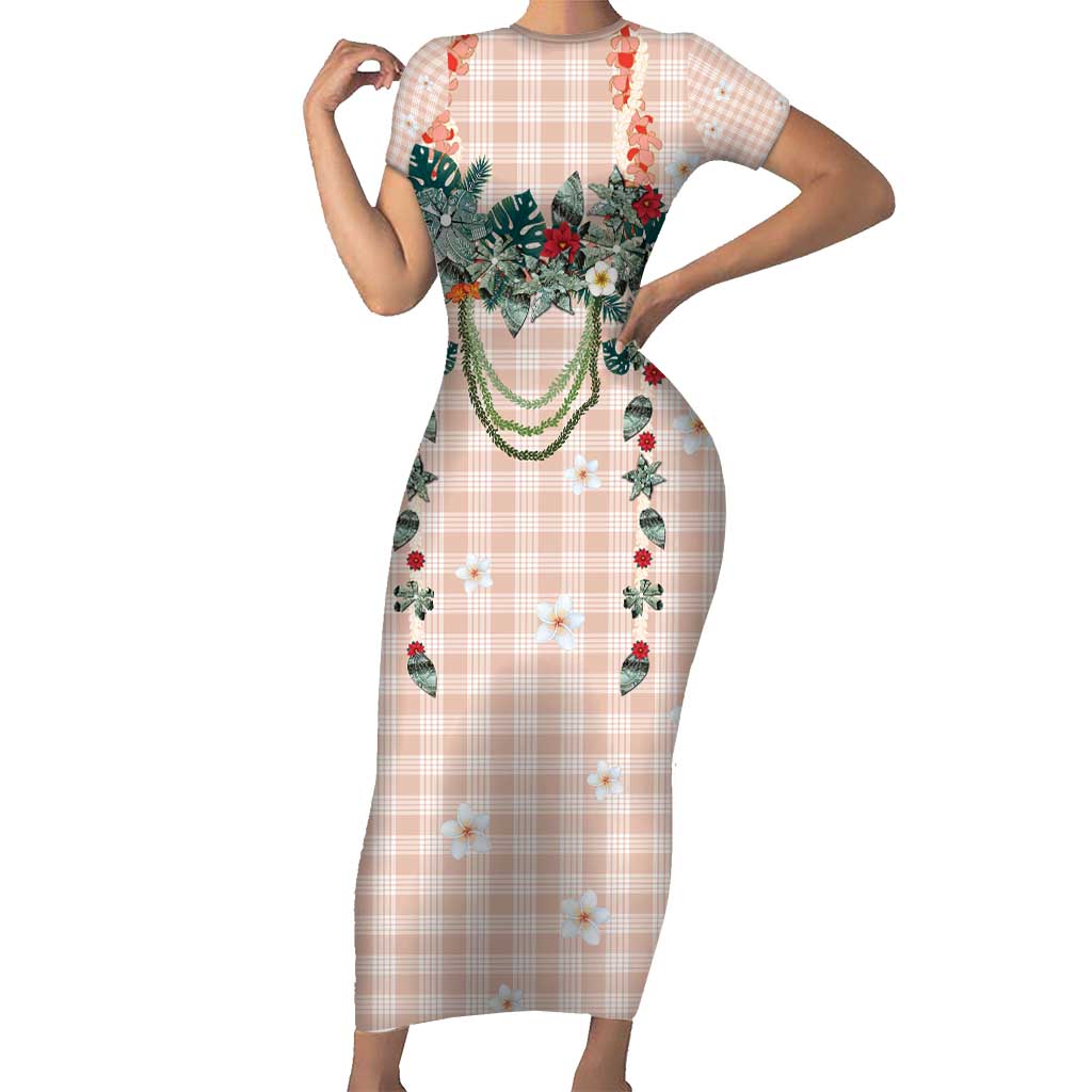 Peach Hawaiian Palaka Family Matching Short Sleeve Bodycon Dress and Hawaiian Shirt Kukui Nut Money Lei LT9 Mom's Dress Peach - Polynesian Pride