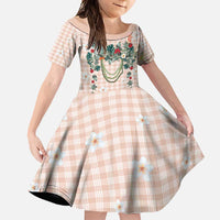 Peach Hawaiian Palaka Family Matching Summer Maxi Dress and Hawaiian Shirt Kukui Nut Money Lei LT9 Daughter's Dress Peach - Polynesian Pride