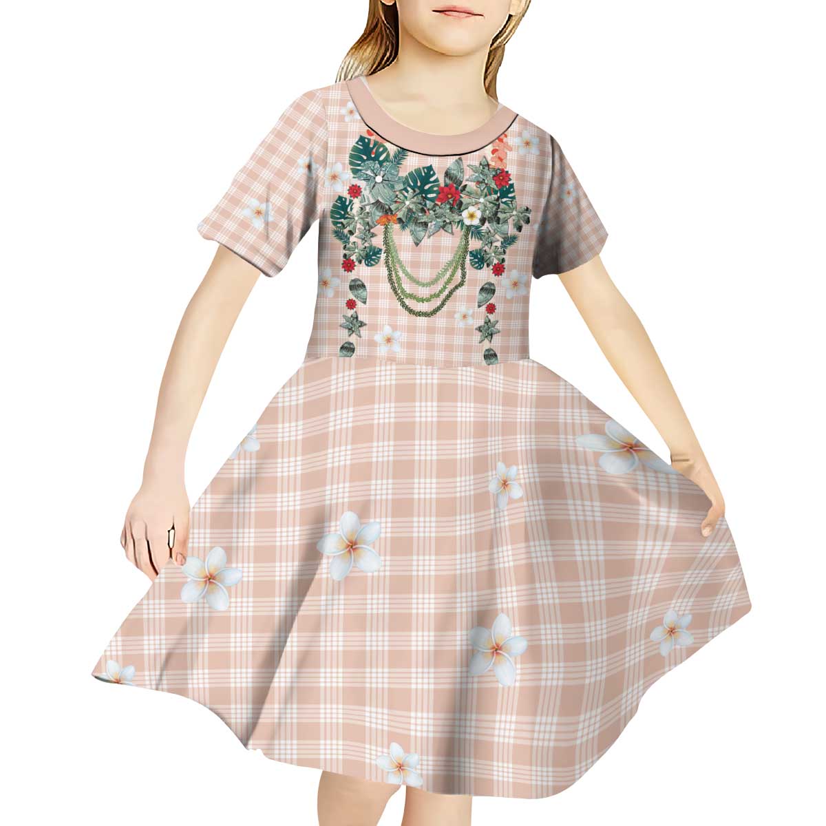 Peach Hawaiian Palaka Kid Short Sleeve Dress Kukui Nut Money Lei LT9 - Polynesian Pride