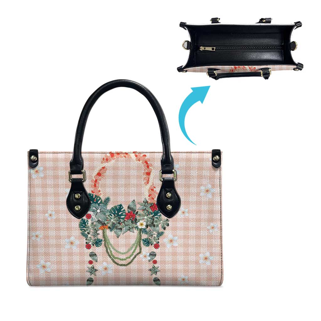 Peach Hawaiian Palaka Leather Bag Kukui Nut Money Lei - Polynesian Pride