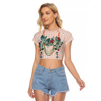 Peach Hawaiian Palaka Raglan Cropped T Shirt Kukui Nut Money Lei LT9 Female Peach - Polynesian Pride