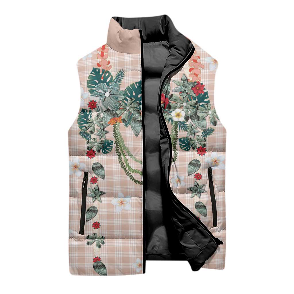 Peach Hawaiian Palaka Sleeveless Puffer Jacket Kukui Nut Money Lei - Polynesian Pride