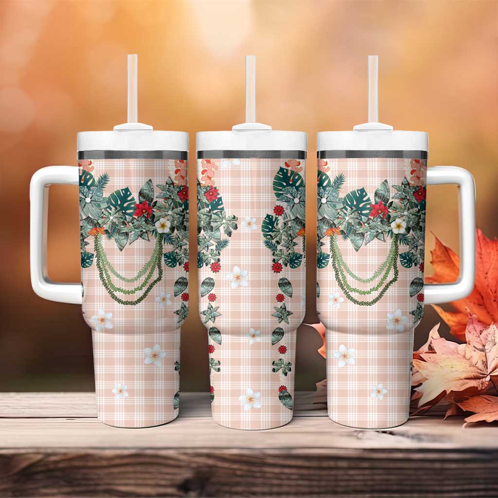 Peach Hawaiian Palaka Tumbler With Handle Kukui Nut Money Lei - Polynesian Pride