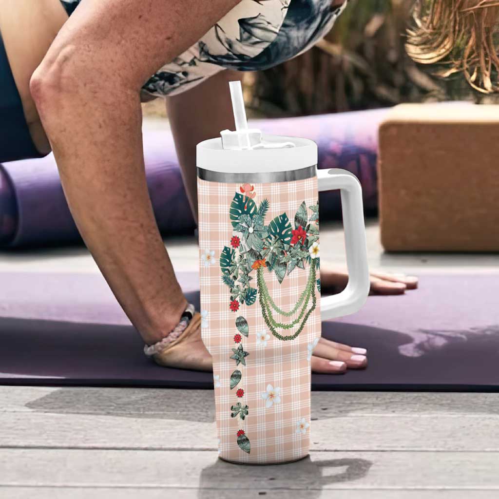 Peach Hawaiian Palaka Tumbler With Handle Kukui Nut Money Lei - Polynesian Pride