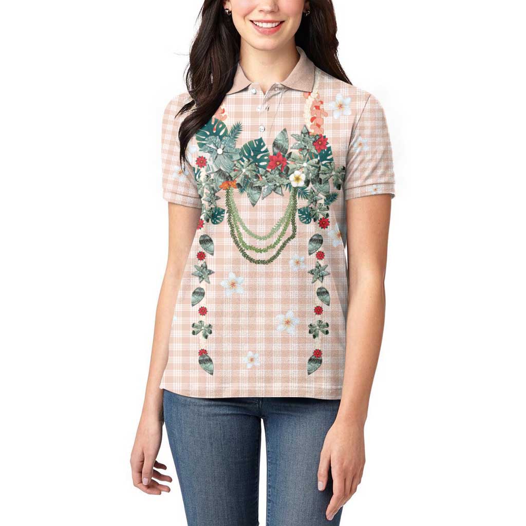 Peach Hawaiian Palaka Women Polo Shirt Kukui Nut Money Lei - Polynesian Pride