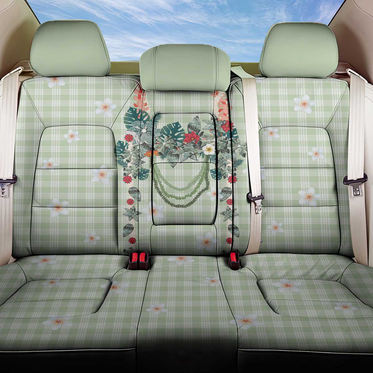 Sage Green Hawaiian Palaka Back Car Seat Cover Kukui Nut Money Lei LT9 One Size Green - Polynesian Pride