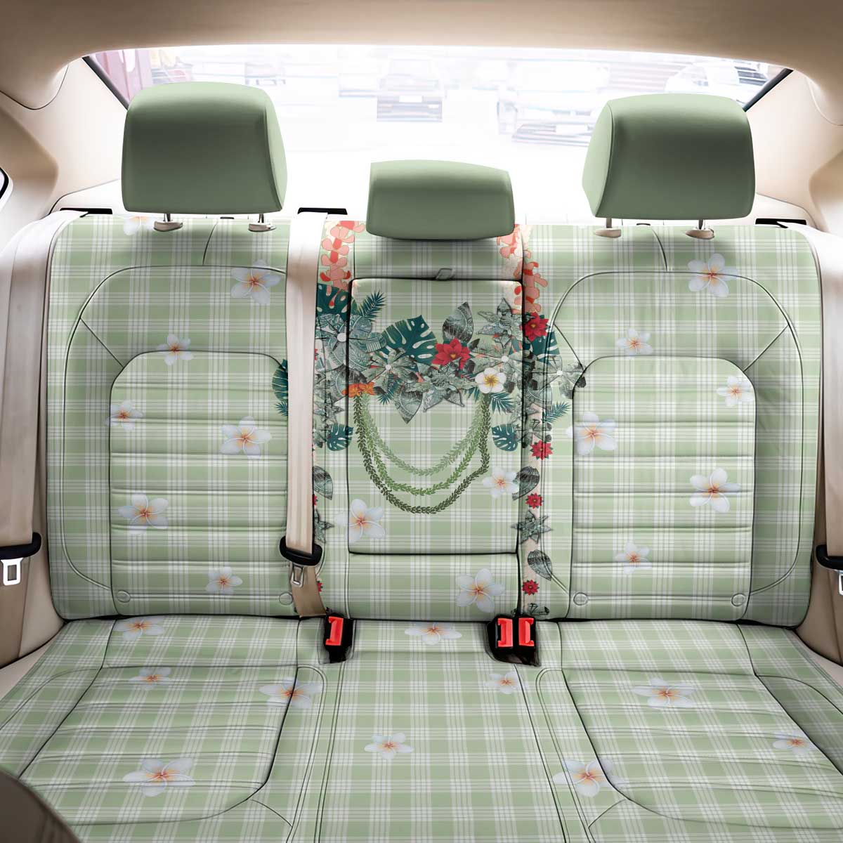 Sage Green Hawaiian Palaka Back Car Seat Cover Kukui Nut Money Lei LT9 - Polynesian Pride