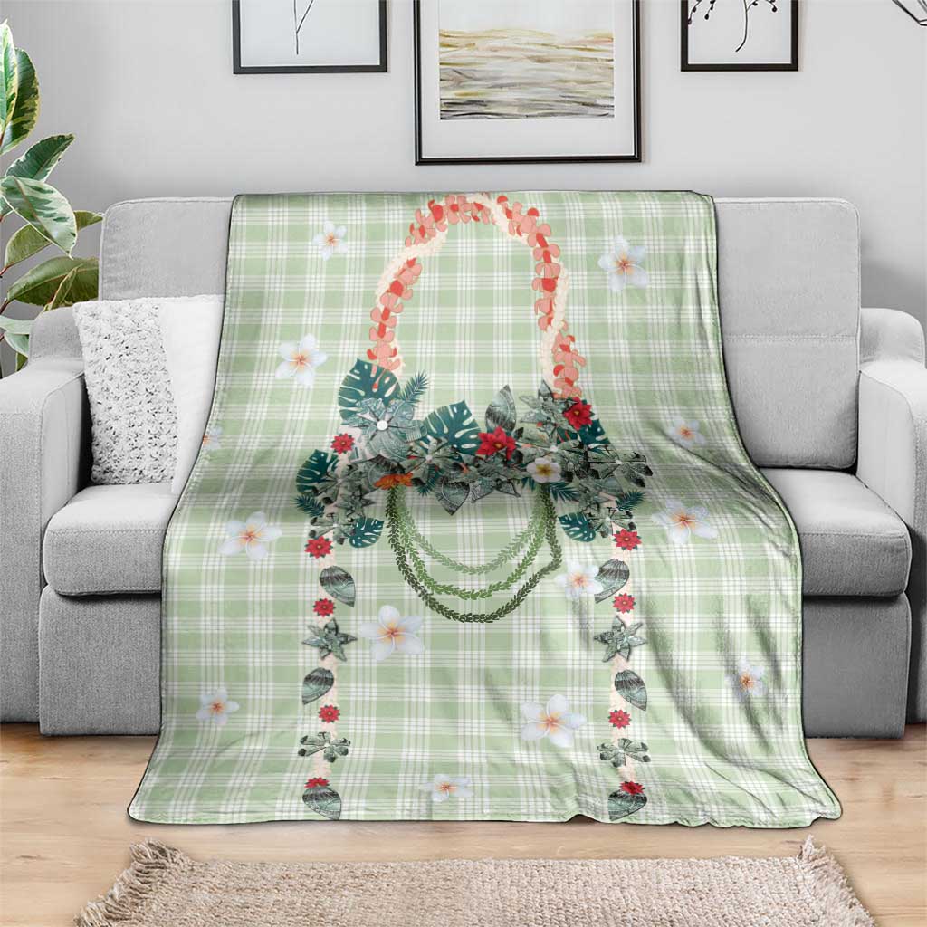 Sage Green Hawaiian Palaka Blanket Kukui Nut Money Lei - Polynesian Pride