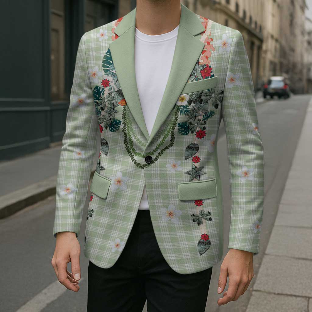 Sage Green Hawaiian Palaka Blazer Kukui Nut Money Lei - Polynesian Pride