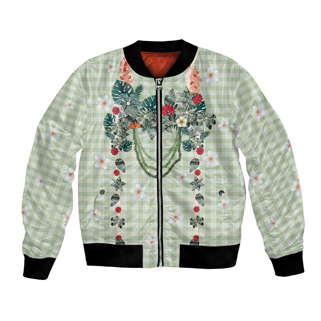 Sage Green Hawaiian Palaka Bomber Jacket Kukui Nut Money Lei - Polynesian Pride