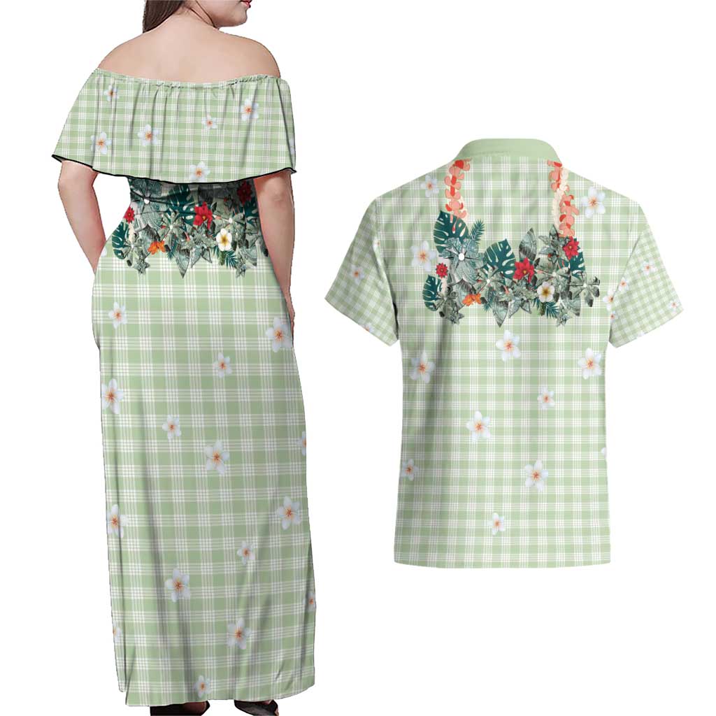 Sage Green Hawaiian Palaka Couples Matching Off Shoulder Maxi Dress and Hawaiian Shirt Kukui Nut Money Lei LT9 - Polynesian Pride