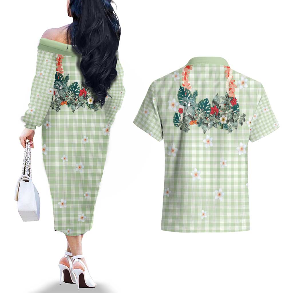 Sage Green Hawaiian Palaka Couples Matching Off The Shoulder Long Sleeve Dress and Hawaiian Shirt Kukui Nut Money Lei LT9 - Polynesian Pride