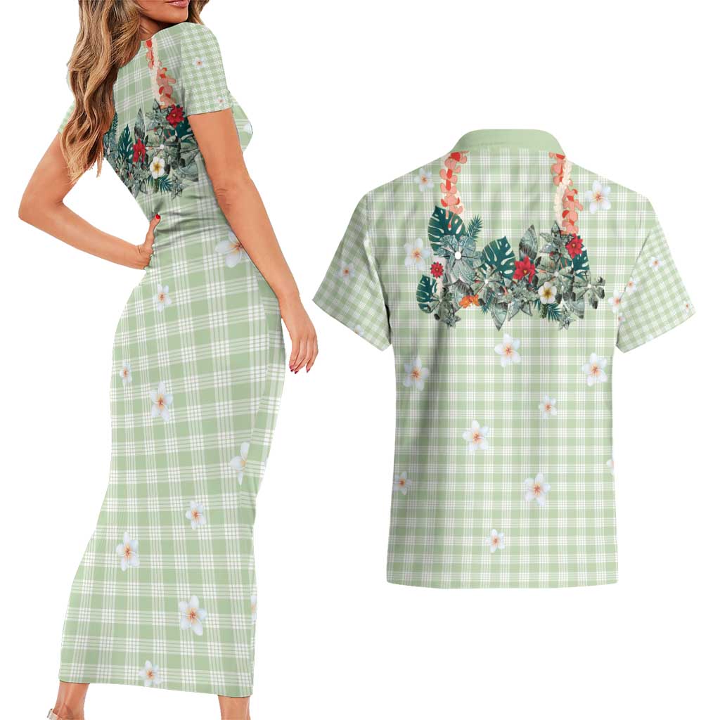 Sage Green Hawaiian Palaka Couples Matching Short Sleeve Bodycon Dress and Hawaiian Shirt Kukui Nut Money Lei LT9 - Polynesian Pride