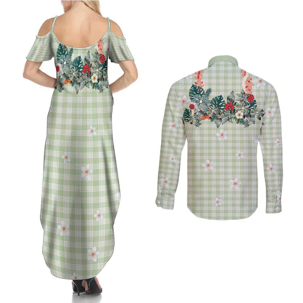 Sage Green Hawaiian Palaka Couples Matching Summer Maxi Dress and Long Sleeve Button Shirt Kukui Nut Money Lei - Polynesian Pride