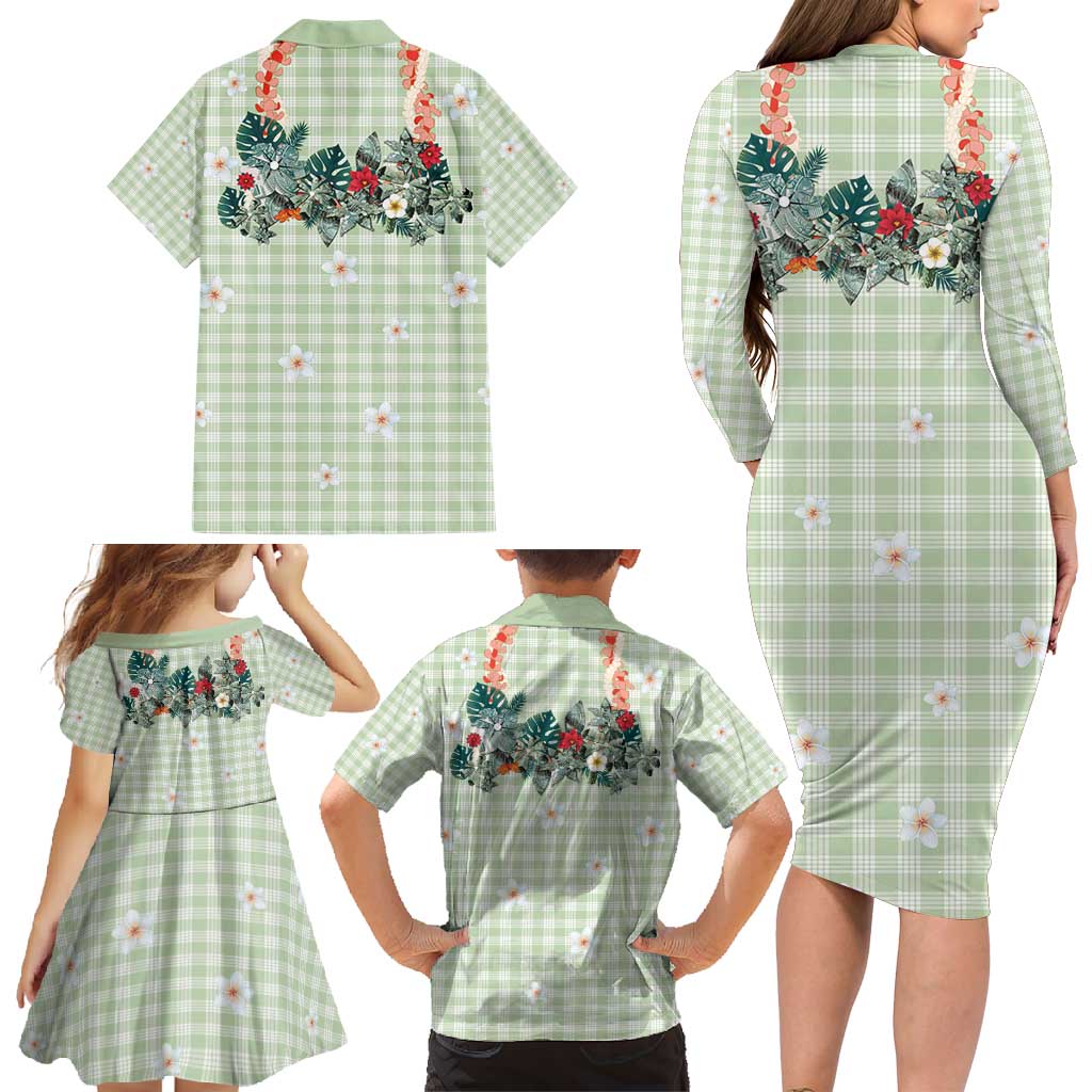 Sage Green Hawaiian Palaka Family Matching Long Sleeve Bodycon Dress and Hawaiian Shirt Kukui Nut Money Lei LT9 - Polynesian Pride