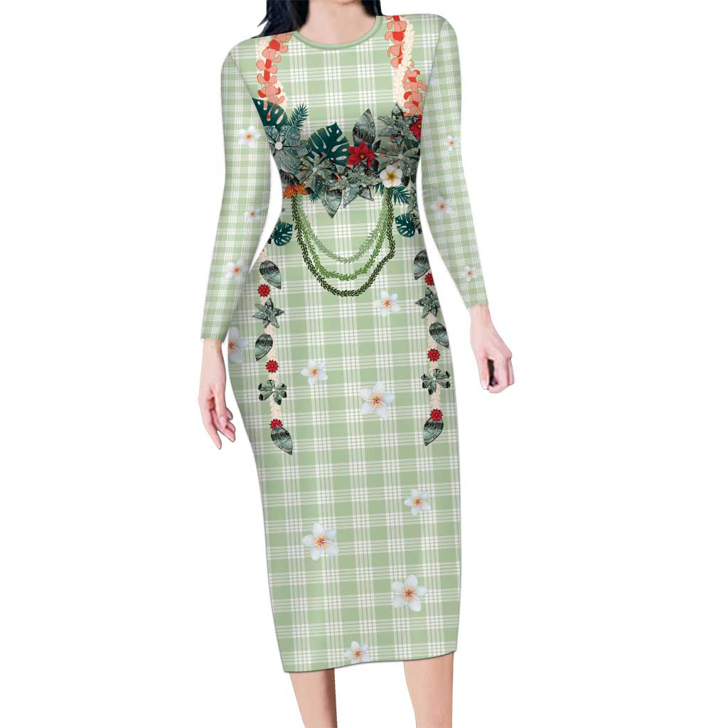 Sage Green Hawaiian Palaka Family Matching Long Sleeve Bodycon Dress and Hawaiian Shirt Kukui Nut Money Lei LT9 Mom's Dress Green - Polynesian Pride