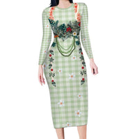Sage Green Hawaiian Palaka Family Matching Long Sleeve Bodycon Dress and Hawaiian Shirt Kukui Nut Money Lei LT9 Mom's Dress Green - Polynesian Pride