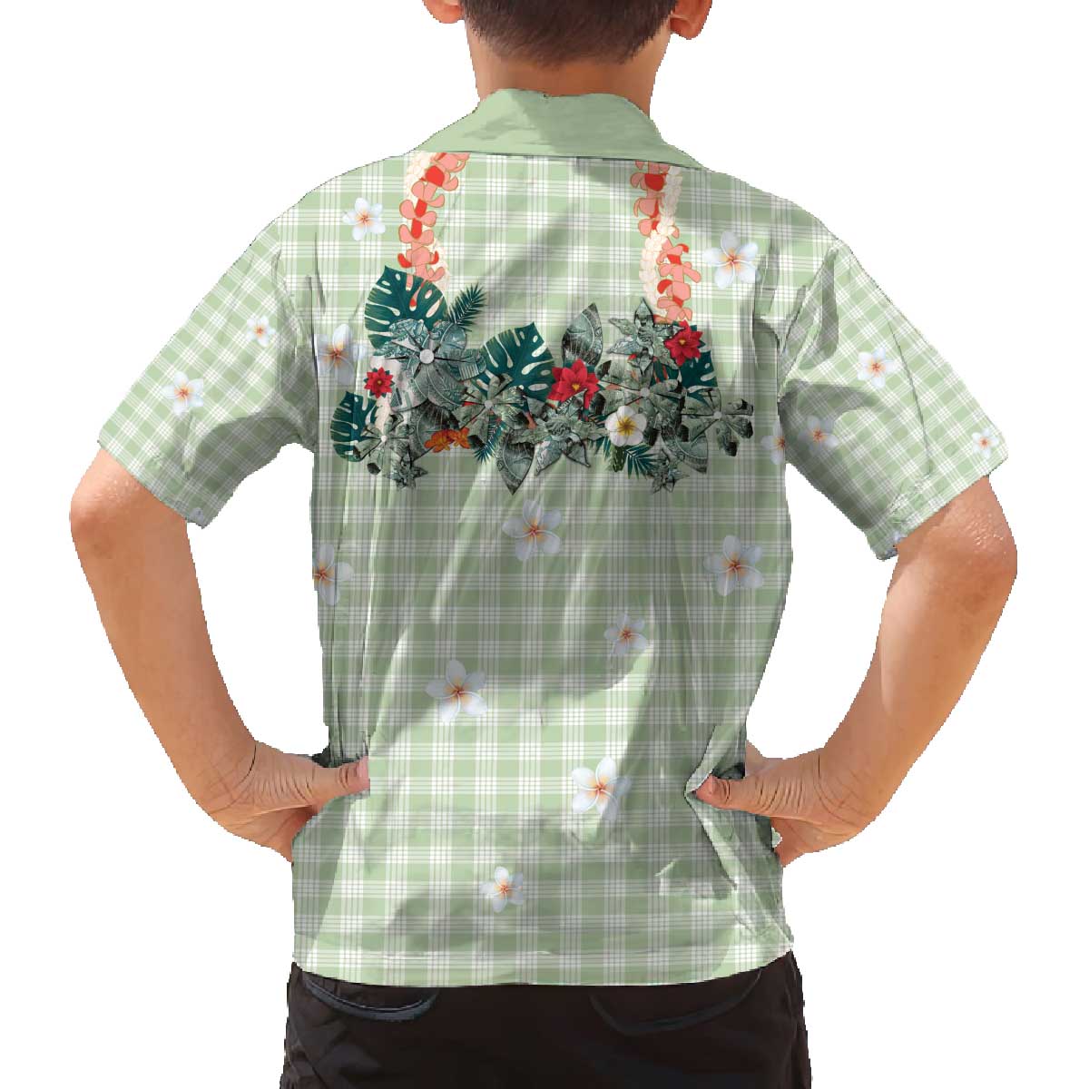 Sage Green Hawaiian Palaka Family Matching Off The Shoulder Long Sleeve Dress and Hawaiian Shirt Kukui Nut Money Lei LT9 - Polynesian Pride