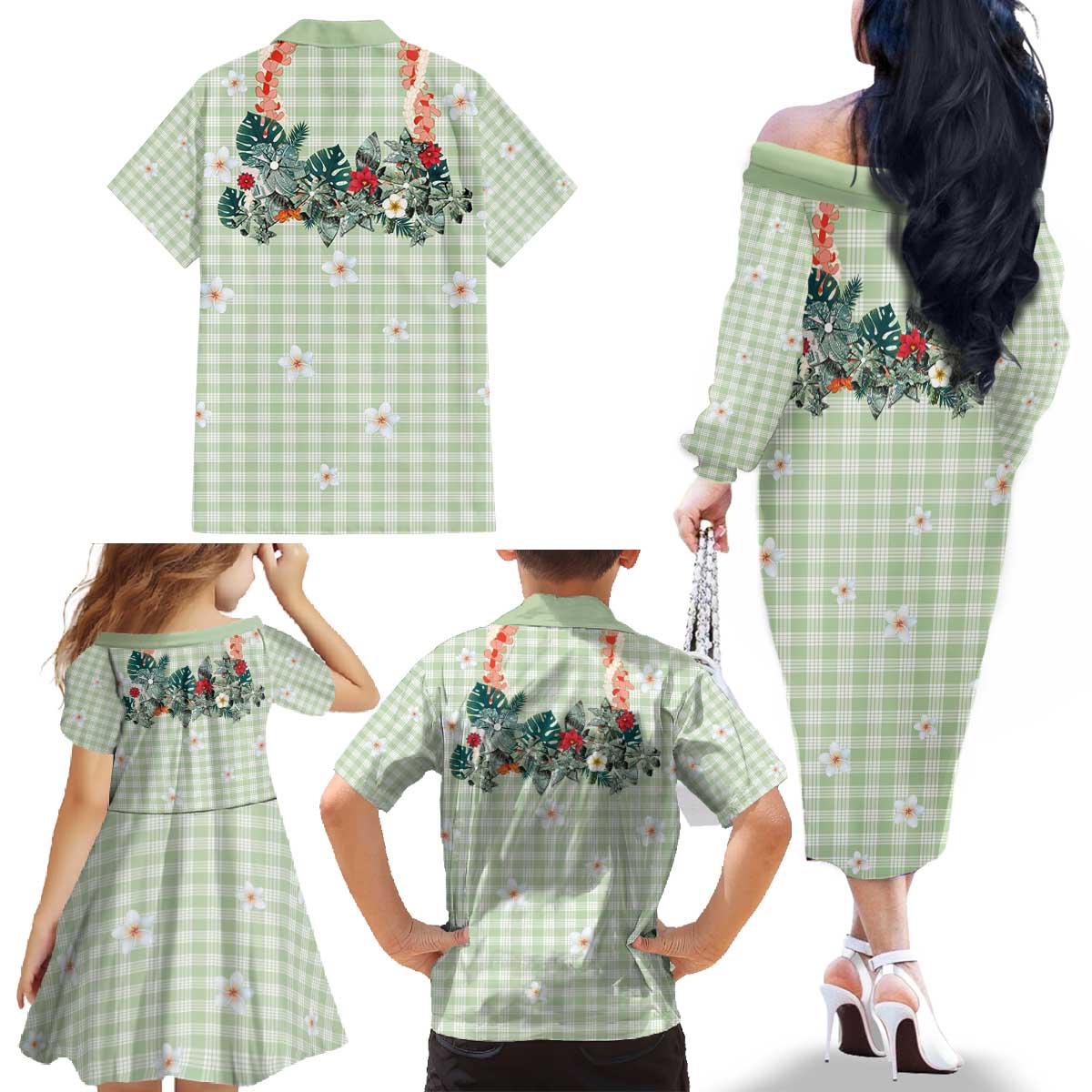Sage Green Hawaiian Palaka Family Matching Off The Shoulder Long Sleeve Dress and Hawaiian Shirt Kukui Nut Money Lei LT9 - Polynesian Pride