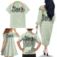 Sage Green Hawaiian Palaka Family Matching Off The Shoulder Long Sleeve Dress and Hawaiian Shirt Kukui Nut Money Lei LT9 - Polynesian Pride