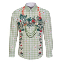 Sage Green Hawaiian Palaka Family Matching Off The Shoulder Long Sleeve Dress and Hawaiian Shirt Kukui Nut Money Lei LT9 Dad's Shirt - Long Sleeve Green - Polynesian Pride