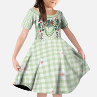 Sage Green Hawaiian Palaka Family Matching Off Shoulder Maxi Dress and Hawaiian Shirt Kukui Nut Money Lei LT9 Daughter's Dress Green - Polynesian Pride