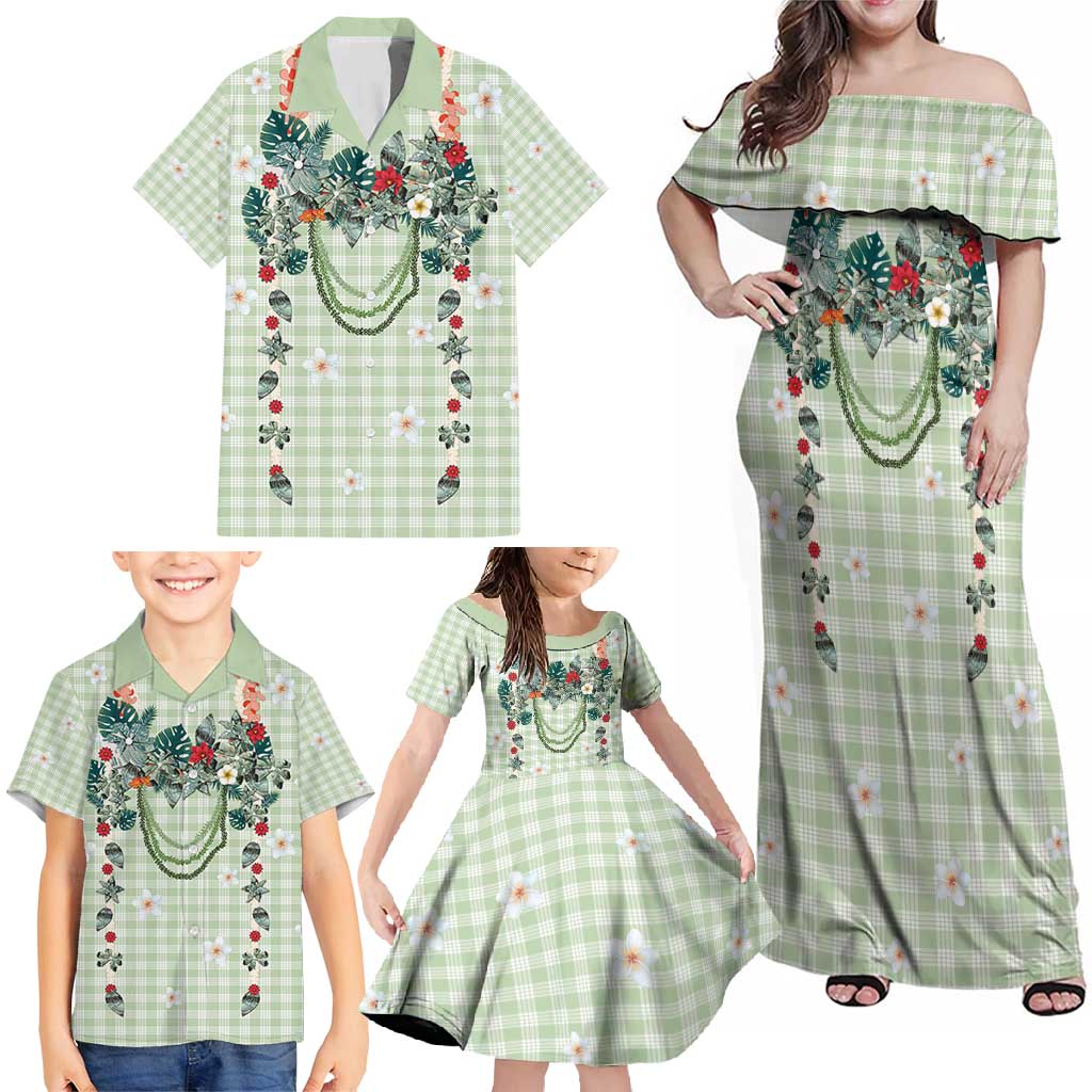 Sage Green Hawaiian Palaka Family Matching Off Shoulder Maxi Dress and Hawaiian Shirt Kukui Nut Money Lei LT9 - Polynesian Pride