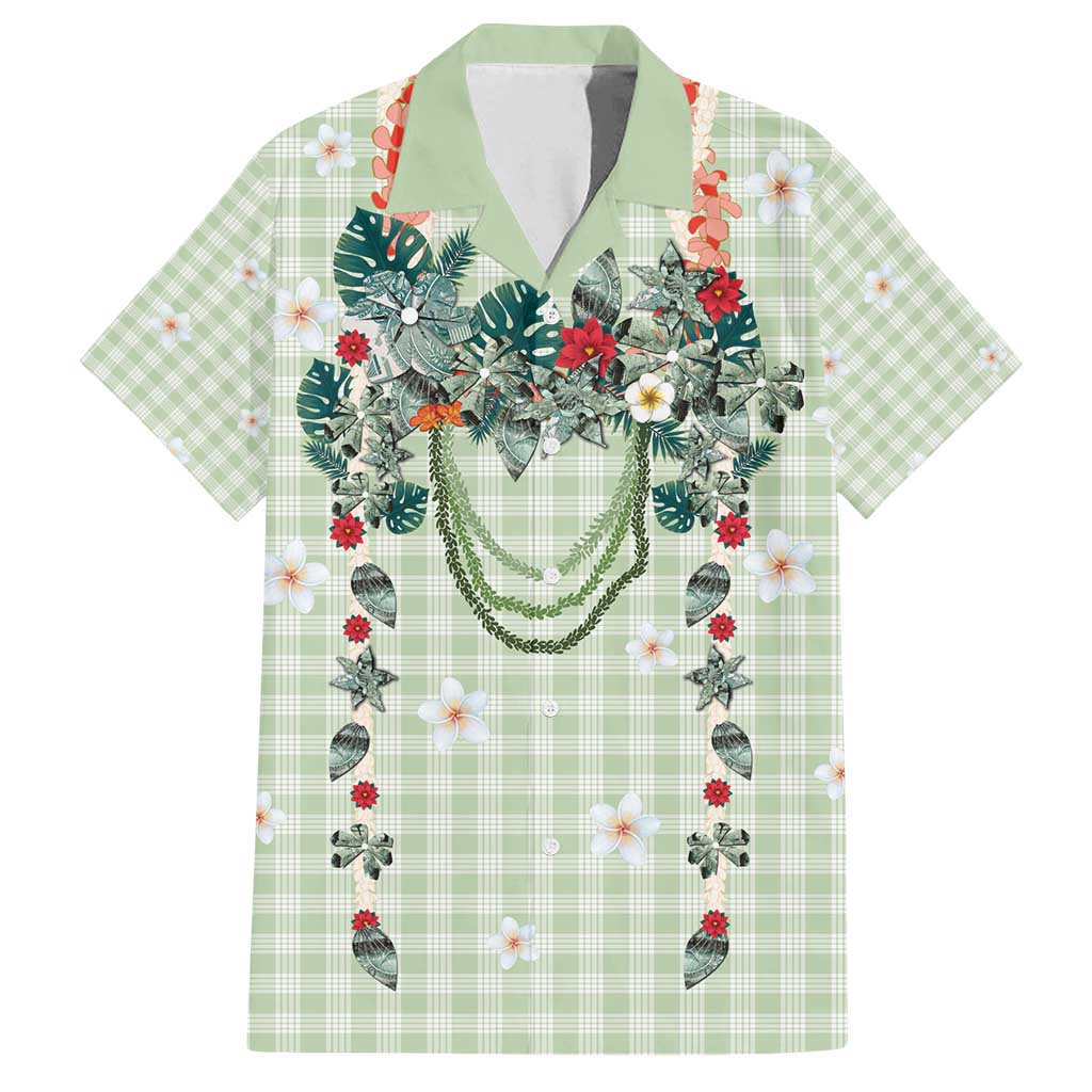 Sage Green Hawaiian Palaka Family Matching Off Shoulder Maxi Dress and Hawaiian Shirt Kukui Nut Money Lei LT9 Dad's Shirt - Short Sleeve Green - Polynesian Pride