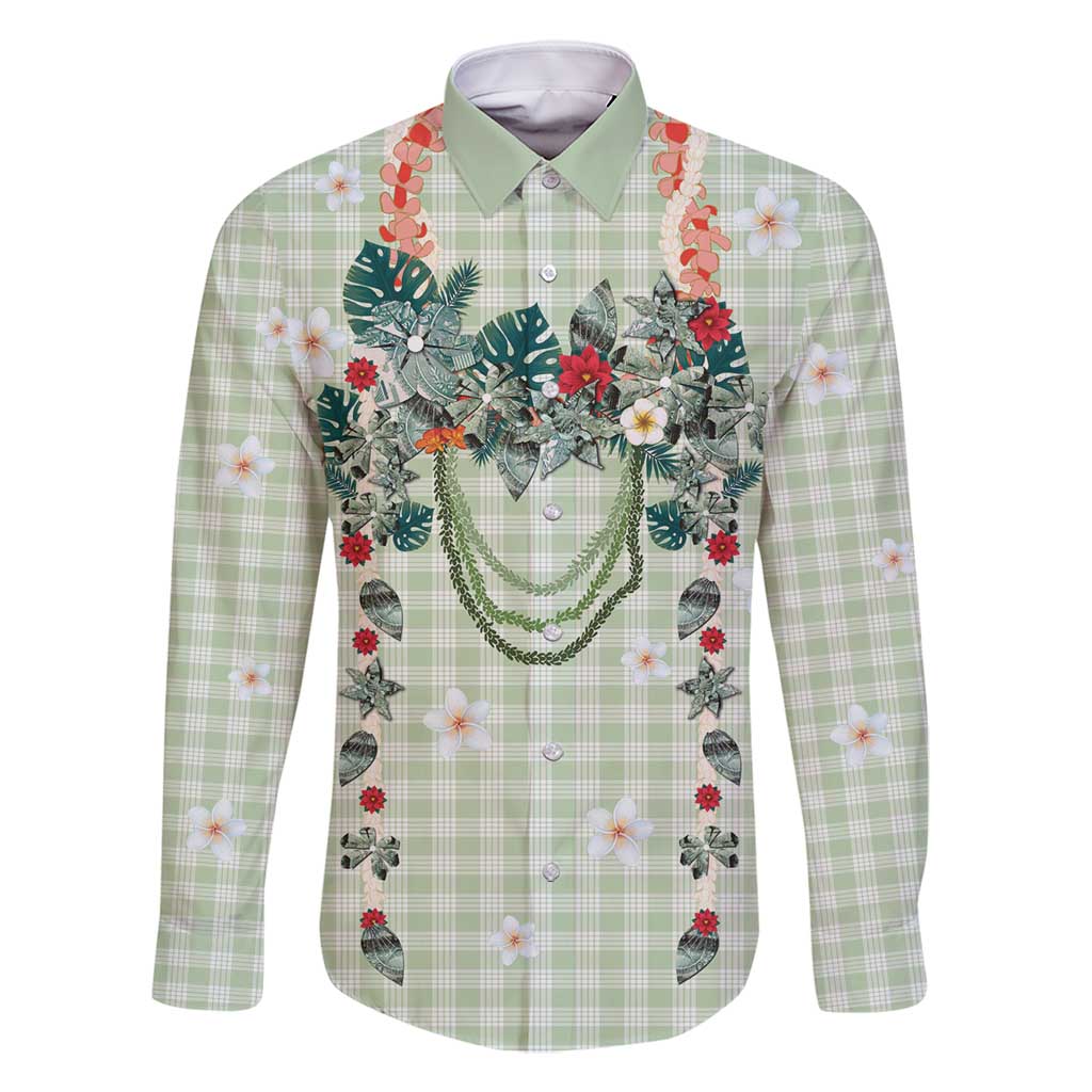 Sage Green Hawaiian Palaka Family Matching Off Shoulder Maxi Dress and Hawaiian Shirt Kukui Nut Money Lei LT9 Dad's Shirt - Long Sleeve Green - Polynesian Pride