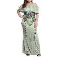 Sage Green Hawaiian Palaka Family Matching Off Shoulder Maxi Dress and Hawaiian Shirt Kukui Nut Money Lei LT9 Mom's Dress Green - Polynesian Pride