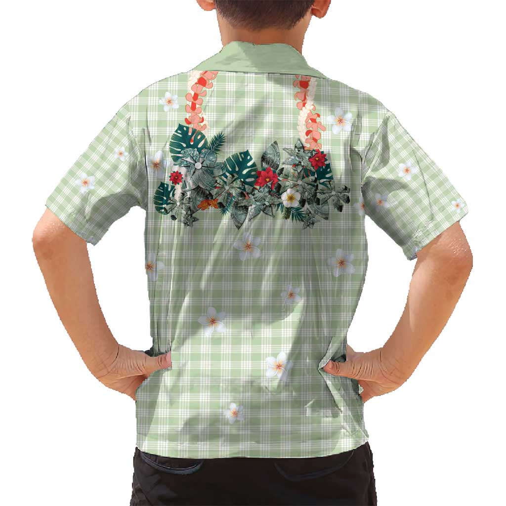 Sage Green Hawaiian Palaka Family Matching Off Shoulder Short Dress and Hawaiian Shirt Kukui Nut Money Lei LT9 - Polynesian Pride
