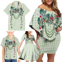 Sage Green Hawaiian Palaka Family Matching Off Shoulder Short Dress and Hawaiian Shirt Kukui Nut Money Lei LT9 - Polynesian Pride