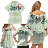 Sage Green Hawaiian Palaka Family Matching Off Shoulder Short Dress and Hawaiian Shirt Kukui Nut Money Lei LT9 - Polynesian Pride