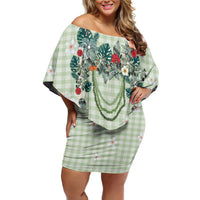 Sage Green Hawaiian Palaka Family Matching Off Shoulder Short Dress and Hawaiian Shirt Kukui Nut Money Lei LT9 Mom's Dress Green - Polynesian Pride
