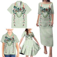 Sage Green Hawaiian Palaka Family Matching Puletasi and Hawaiian Shirt Kukui Nut Money Lei LT9 - Polynesian Pride