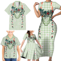 Sage Green Hawaiian Palaka Family Matching Short Sleeve Bodycon Dress and Hawaiian Shirt Kukui Nut Money Lei LT9 - Polynesian Pride