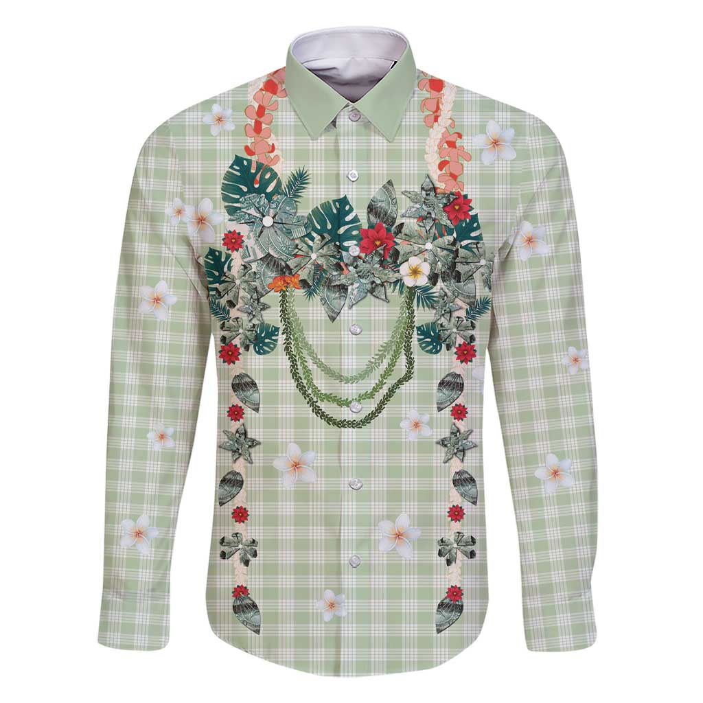 Sage Green Hawaiian Palaka Family Matching Short Sleeve Bodycon Dress and Hawaiian Shirt Kukui Nut Money Lei LT9 Dad's Shirt - Long Sleeve Green - Polynesian Pride