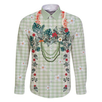 Sage Green Hawaiian Palaka Family Matching Short Sleeve Bodycon Dress and Hawaiian Shirt Kukui Nut Money Lei LT9 Dad's Shirt - Long Sleeve Green - Polynesian Pride