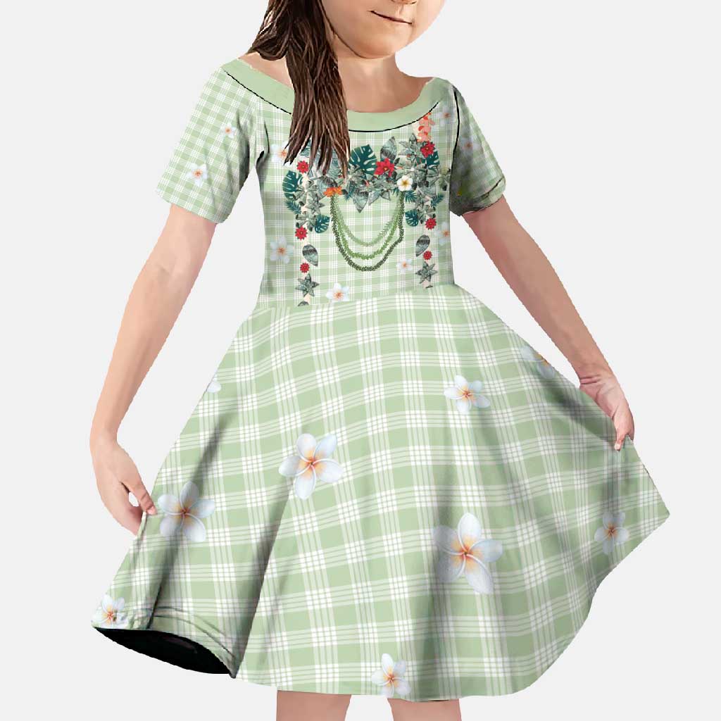 Sage Green Hawaiian Palaka Family Matching Summer Maxi Dress and Hawaiian Shirt Kukui Nut Money Lei LT9 Daughter's Dress Green - Polynesian Pride