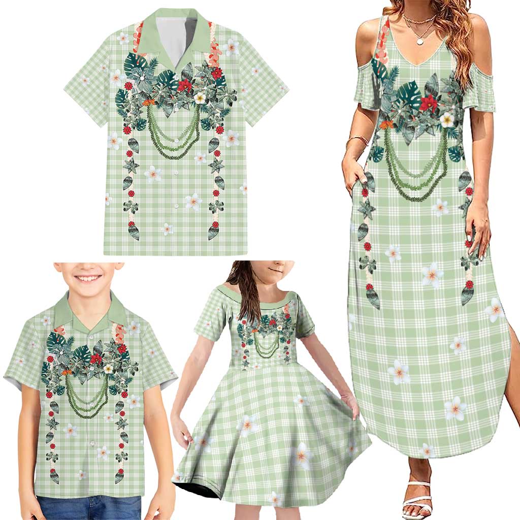 Sage Green Hawaiian Palaka Family Matching Summer Maxi Dress and Hawaiian Shirt Kukui Nut Money Lei LT9 - Polynesian Pride