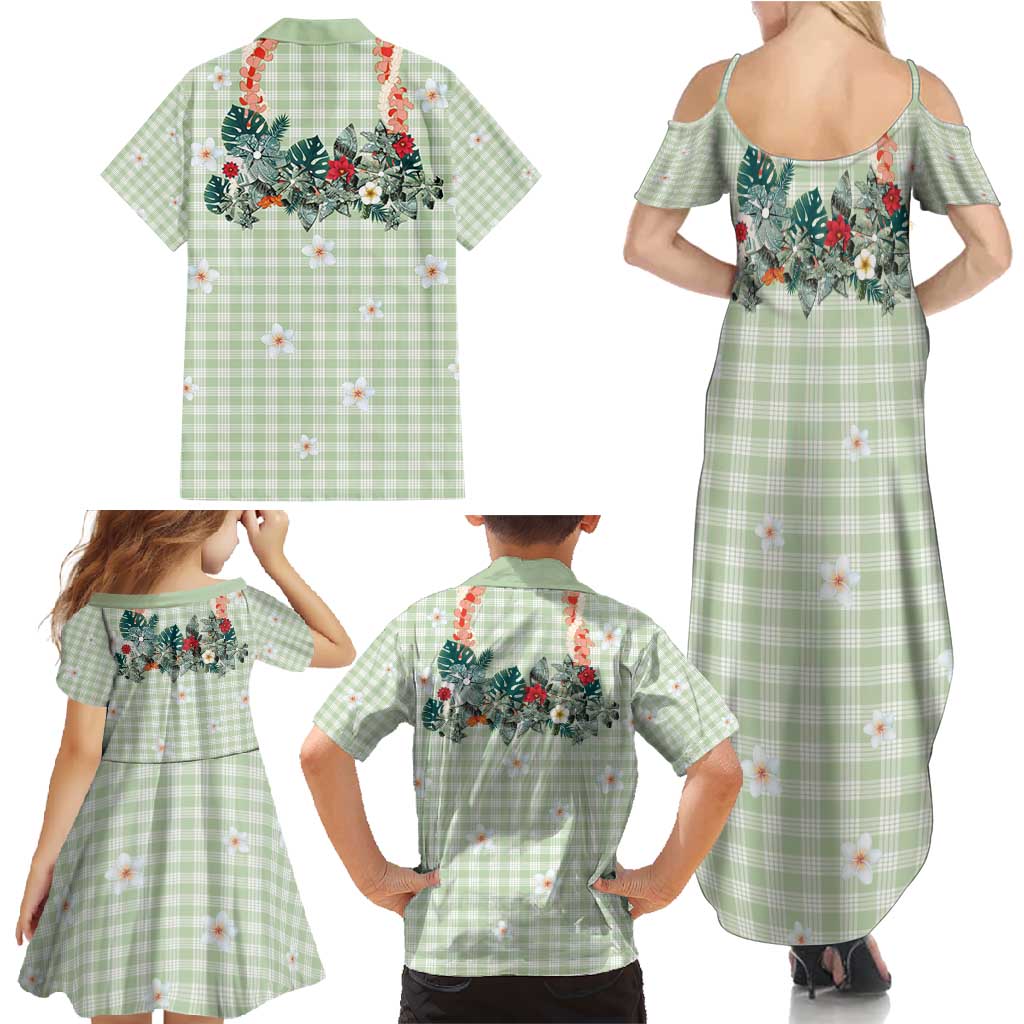 Sage Green Hawaiian Palaka Family Matching Summer Maxi Dress and Hawaiian Shirt Kukui Nut Money Lei LT9 - Polynesian Pride
